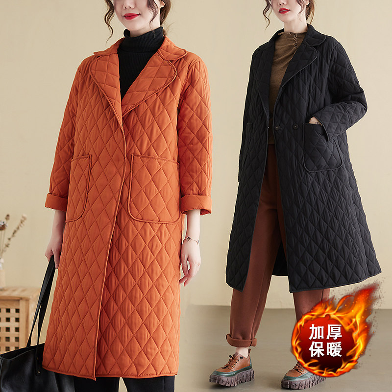 实拍 秋冬新品文艺简约纯色宽松大码外套舒适通勤中长款棉服