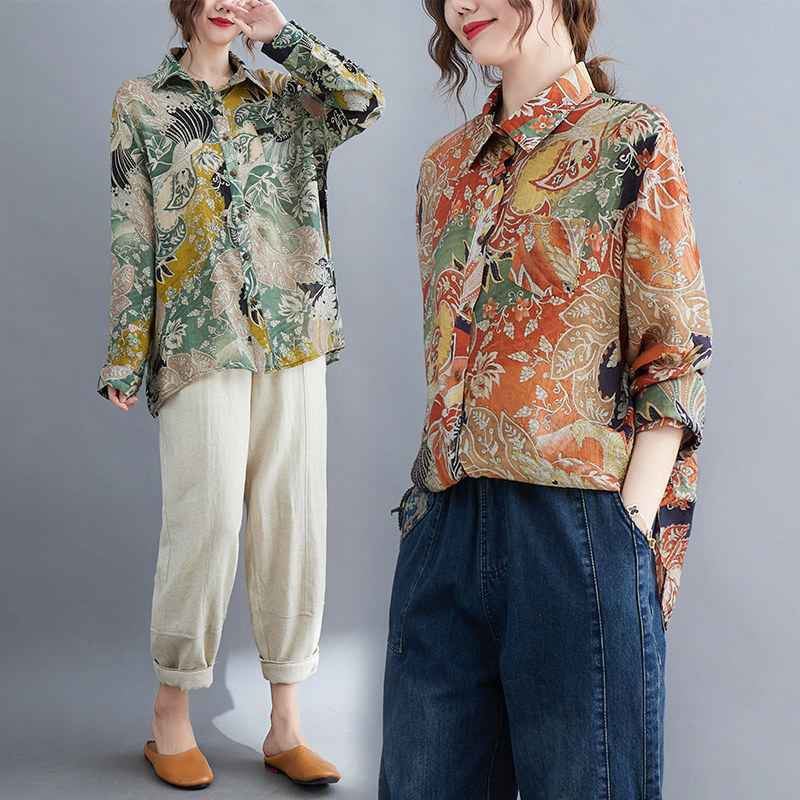 实拍秋季新款蓝色碎花衬衫 印花小衫 法式文艺印花衬衣百搭女上衣