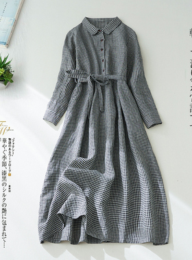 2026春秋高端棉麻女装连衣裙文艺减龄休闲系带格子长裙