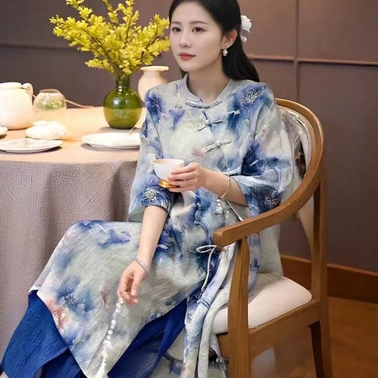 2026新款复古休闲百搭新中式国风斜襟盘扣苎麻袍子