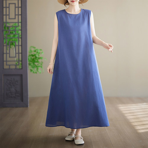 新款圆领无袖大码长裙纯棉印花夏季加肥加大外贸连衣裙