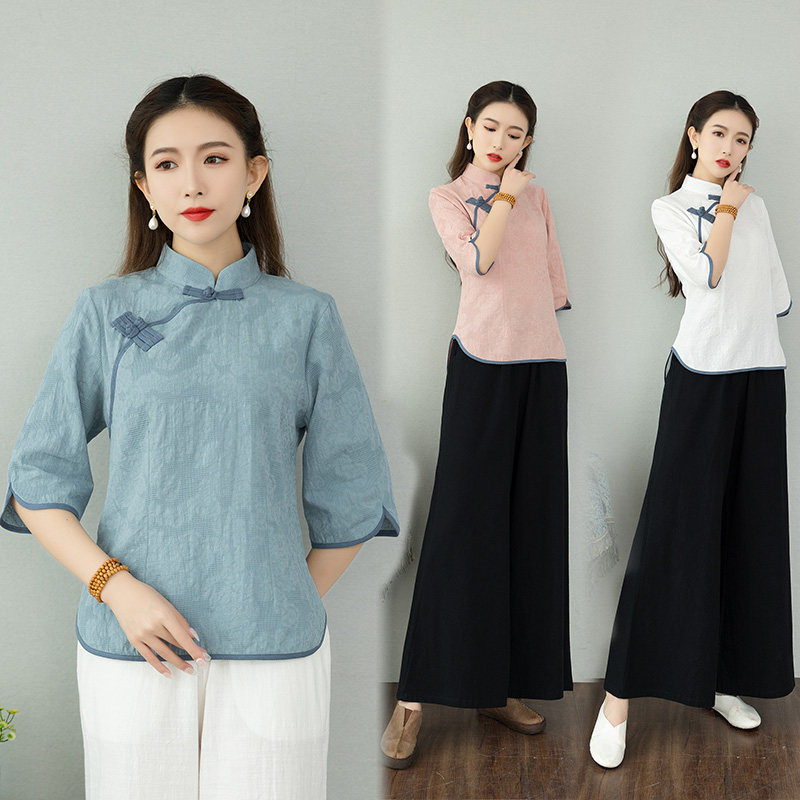 中国风夏季棉麻瑜伽服禅意茶服女唐装复古上衣薄款民族风套装