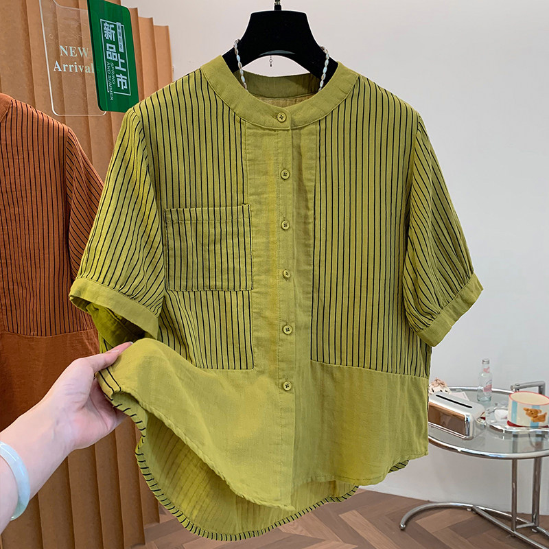 实拍已出货双层棉纱条纹拼接衬衣大码宽松显瘦短袖衬衫百搭上衣女