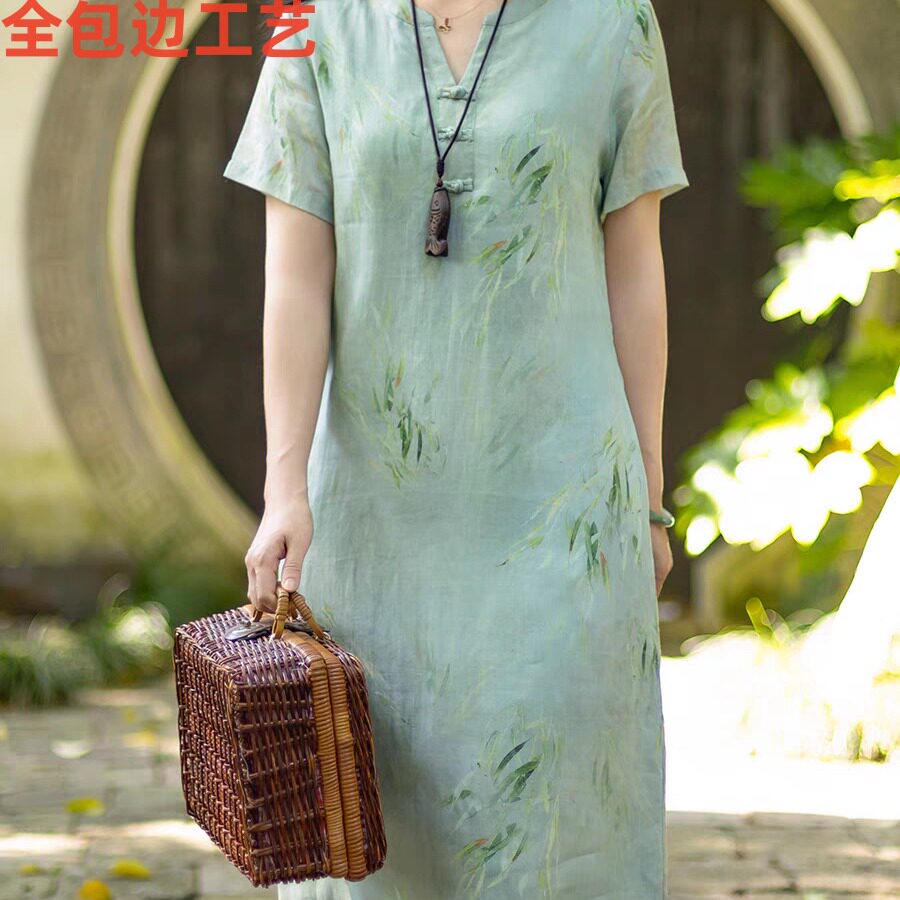2026夏新款轻中式苎麻棉盘扣V领小众设计连衣裙女文艺清新印花裙