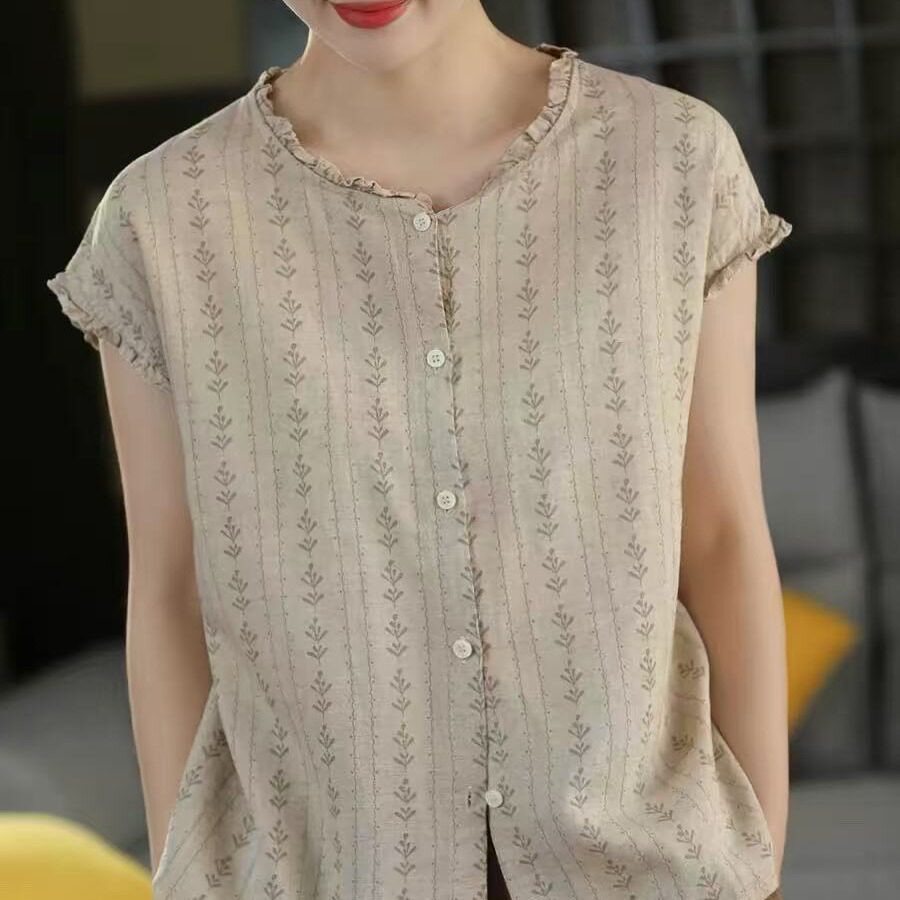 2026夏季棉麻衬衫女复古花边领夏季宽松小清新碎花开衫女装短袖