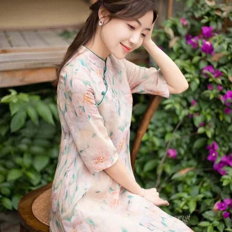 2026春夏新款苎麻印花旗袍改良版连衣裙宽松中式复古棉麻文艺裙子