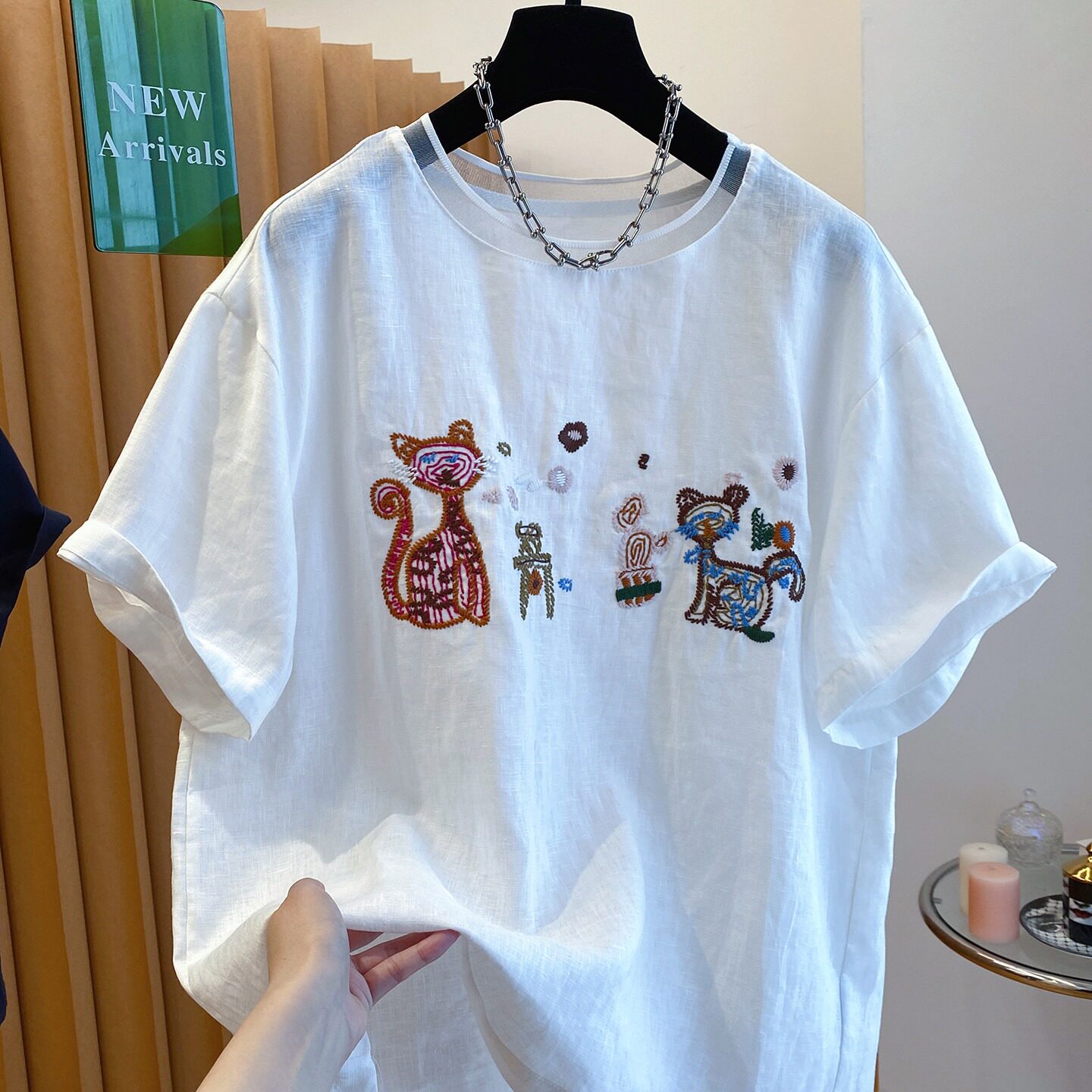 高级感卡通刺绣亚麻T恤女短袖2026新款宽松百搭圆领套头麻料上衣