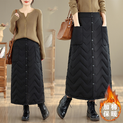 冬季棉裙半身裙高腰大码加长挡风保暖羽绒棉裙A字加厚加长按扣裙