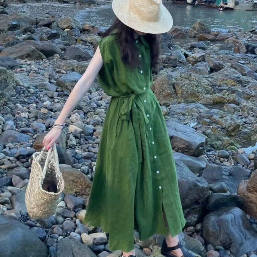 2026无袖衬衫连衣裙女春夏新款高级设计感宽松显瘦系带气质长裙子