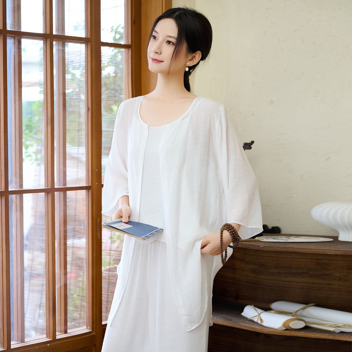 实拍#2026民族风女装宽松防晒外披+吊带+亚麻长阔腿裤女裤子