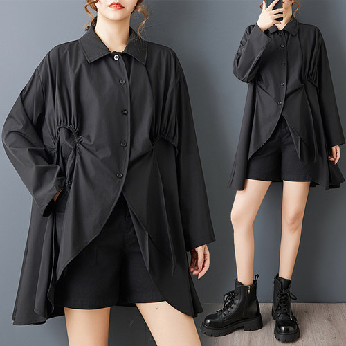 实拍春秋新款宽松暗黑风时尚设计感不规则衬衫个性显瘦长袖上衣