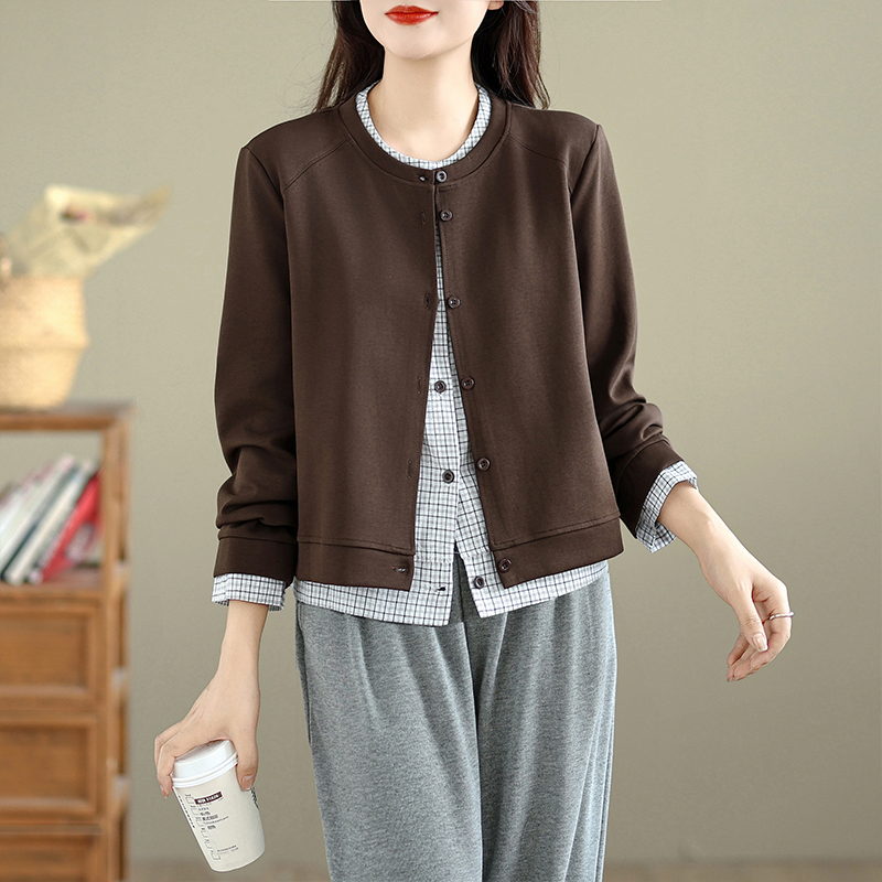 实拍韩系新款格子拼接假两件圆领短外套女减龄休闲百搭针织上衣