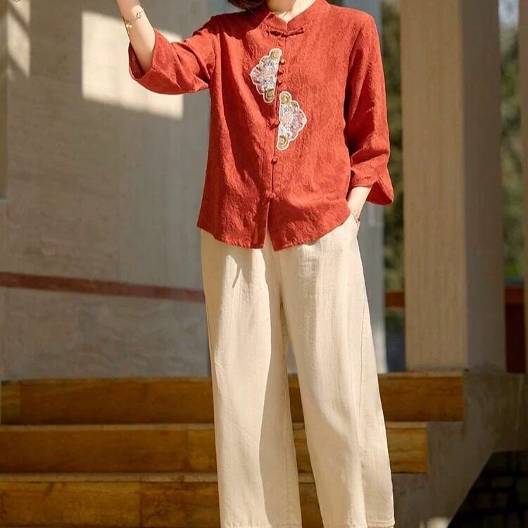 妈妈洋气棉麻衬衫T恤套装中年女装夏装2026新款上衣服中老年夏季