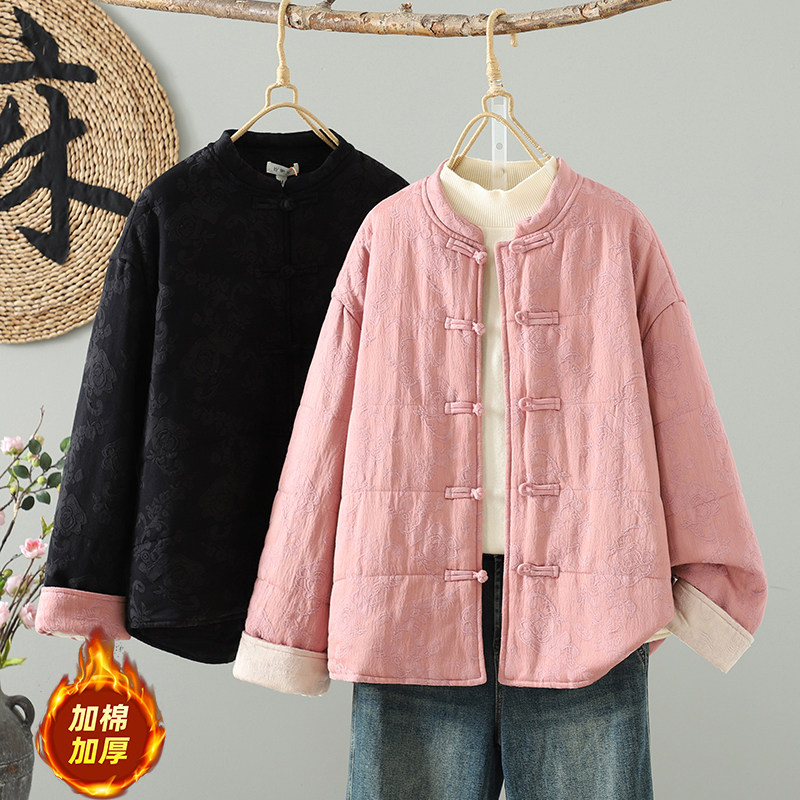 实拍复古中式亚麻提花保暖棉服女 冬款新品夹棉百搭舒适棉衣外套
