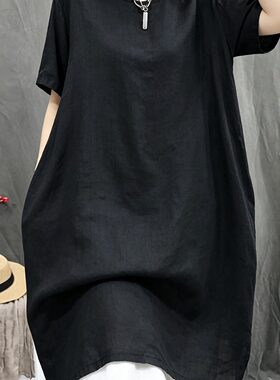 2026年夏季新款复古棉麻宽松大码连衣裙黑色百搭短袖裙子女