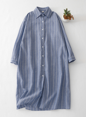 2026春秋装棉麻宽松中长款过膝长袖百搭休闲条纹衬衫裙