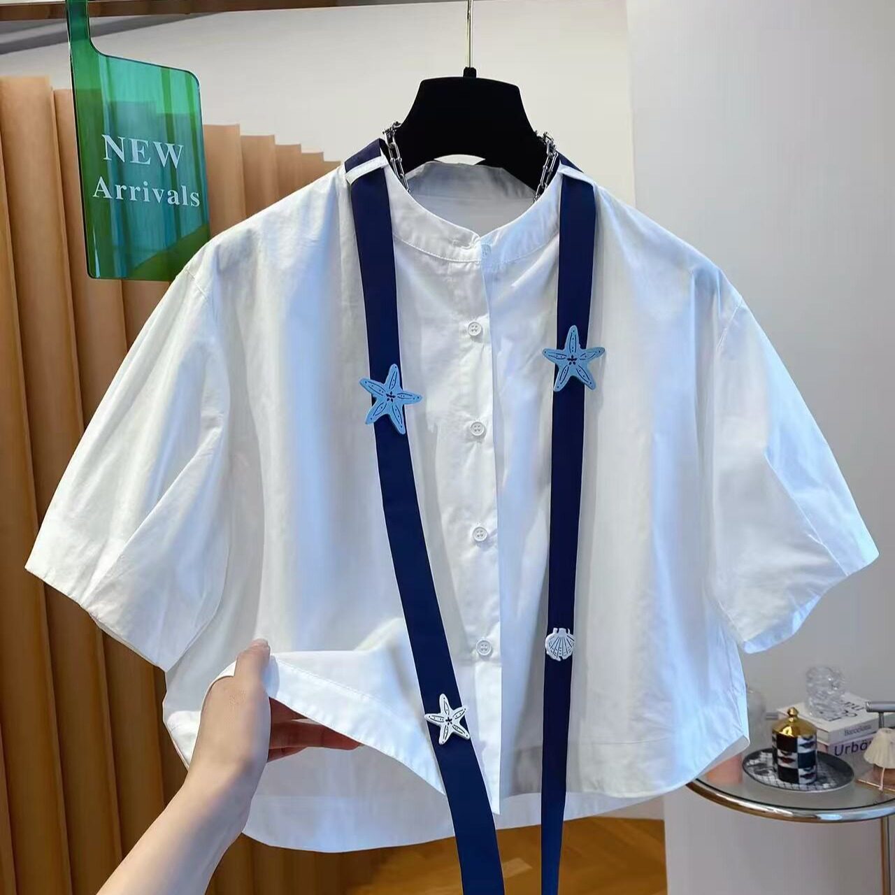 白色高腰短款衬衫女短袖2026新款夏季宽松显高别致小个子系带上衣