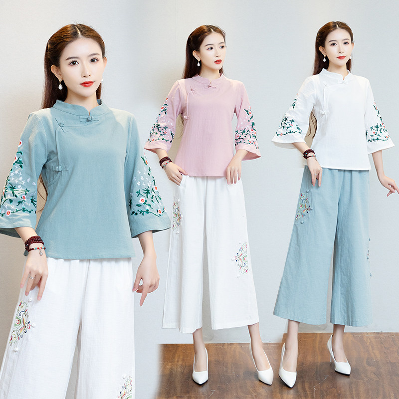 民族风复古文艺棉麻上衣女刺绣衬衫中国风盘扣禅意茶服