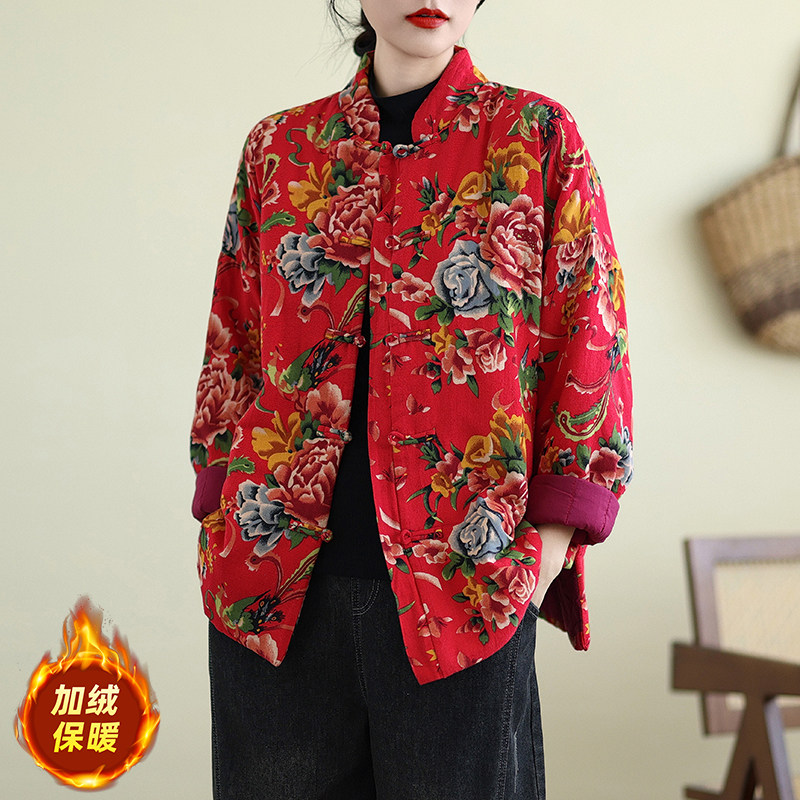 东北大花袄加厚保暖棉衣复古怀旧宽松冬季民族风对襟盘扣唐装棉服
