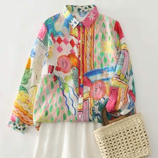 衬衫 2026年春季 百搭长袖 文艺复古休闲气质印花上衣宽松大码 女 新款