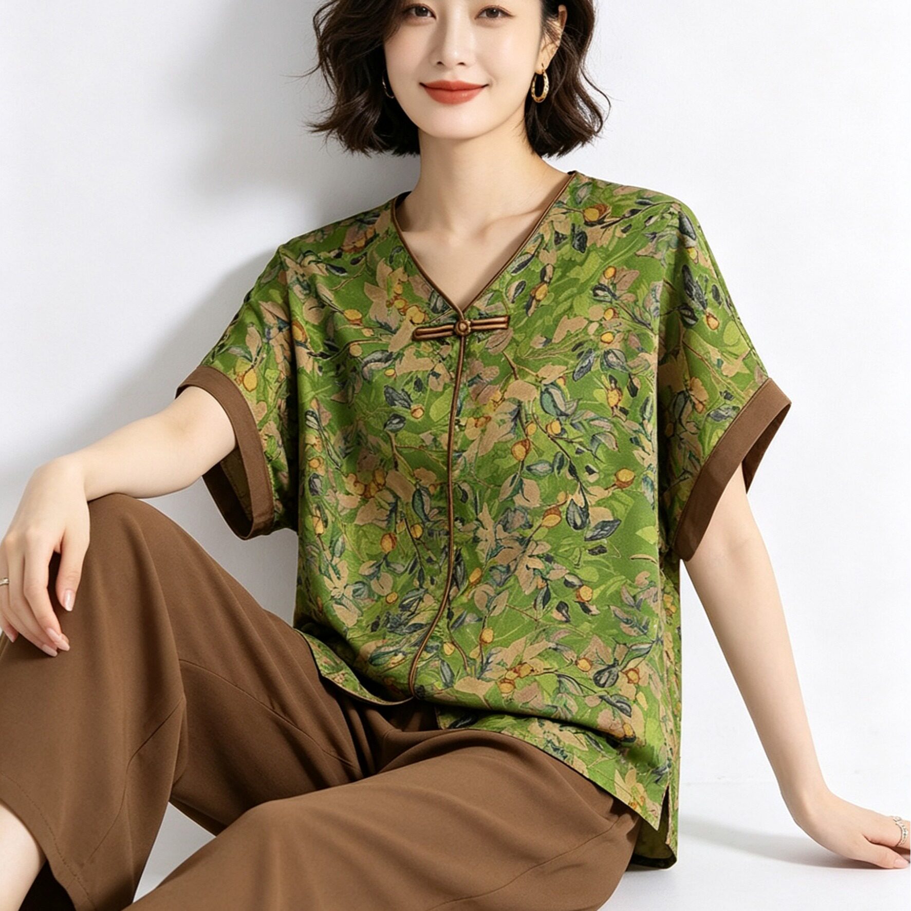 实拍夏季新款妈妈夏装时尚两件套短袖上衣套装宽松洋气中老年女装