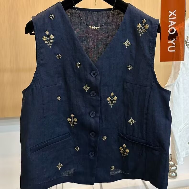 高端棉麻复古重工刺绣马甲外套女夏季高级感宽松叠穿V领坎肩上衣