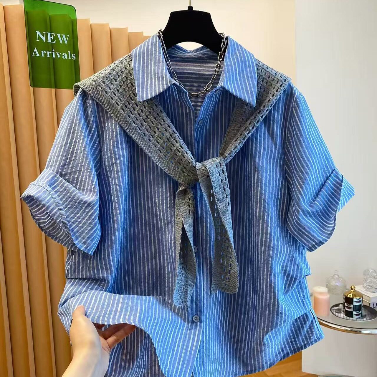 高级感披肩衬衫女短袖2026新款宽松减龄洋气超好看蓝色条纹衬衣夏