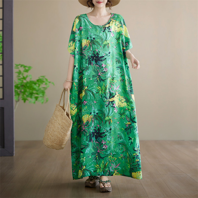 实拍夏新款宽松大码薄棉麻短袖圆领加长袍子文艺复古裙子衣长135