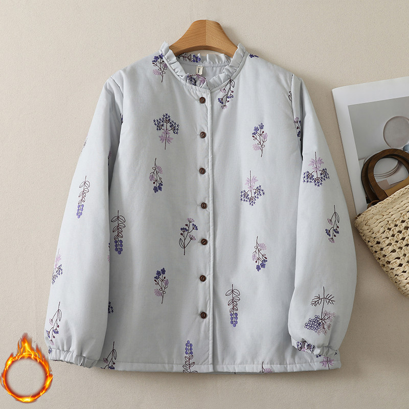 实拍 紫花印花棉服女冬加厚保暖木耳边领文艺