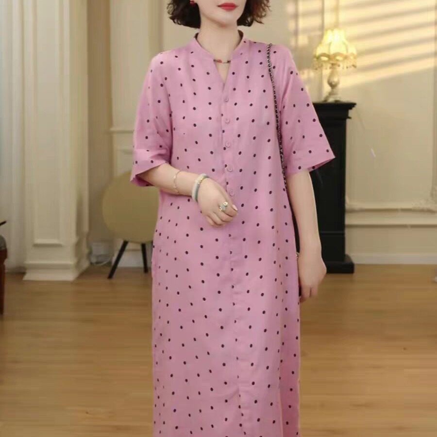 高级感气质V领棉麻连衣裙女2026夏新款宽松收腰显瘦时尚休闲裙子