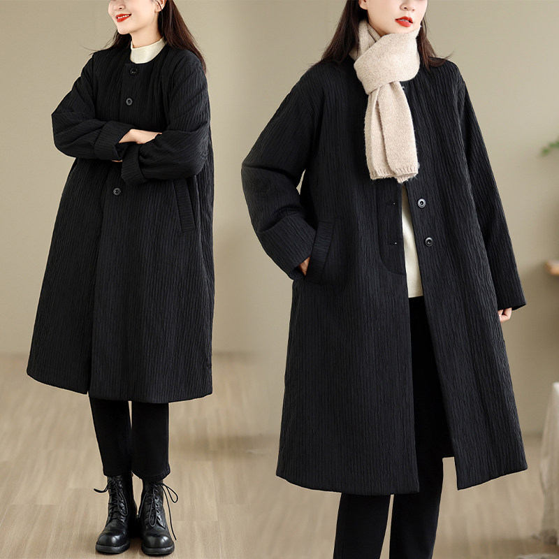 实拍黑色肌理纹中长款保暖棉服女秋冬款不臃肿气质夹棉风衣厚外套