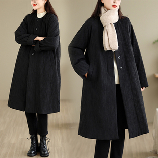 实拍黑色肌理纹中长款保暖棉服女秋冬款不臃肿气质夹棉风衣厚外套