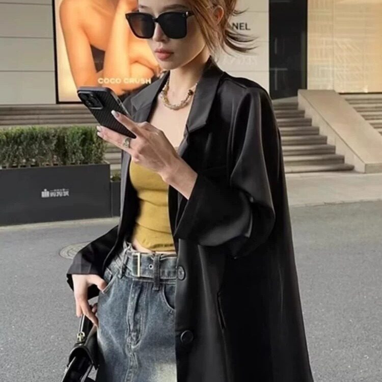 黑色醋酸西装外套女薄款2026春夏新款高级感垂感长袖防晒西服上衣