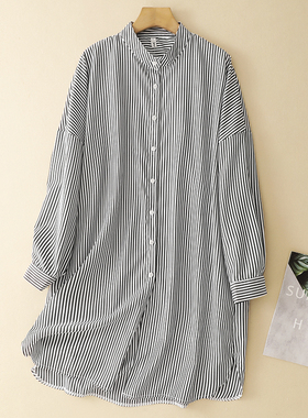 2026春秋新款宽松蝙蝠袖中长款休闲条纹衬衫