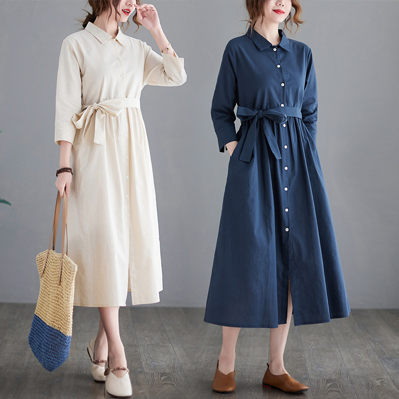 2026亚麻连衣裙 翻领衬衫裙 春秋季新款日系文艺棉麻女装长裙