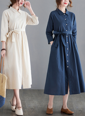 2026亚麻连衣裙 翻领衬衫裙 春秋季新款日系文艺棉麻女装长裙