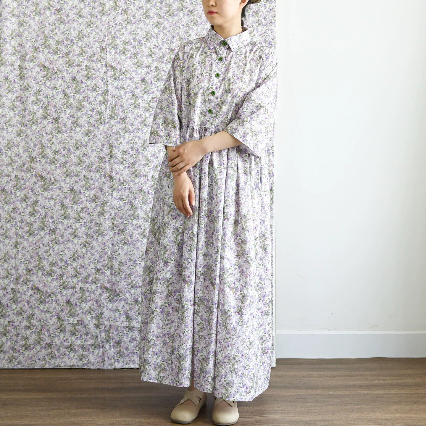 紫色碎花花卉连衣裙落肩七分袖高腰宽松大摆休闲长裙