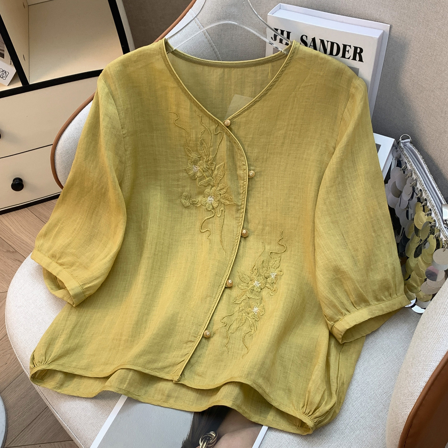 实拍中式刺绣衬衫女夏季复古斜襟五分袖小衫宽松文艺国风茶服上衣