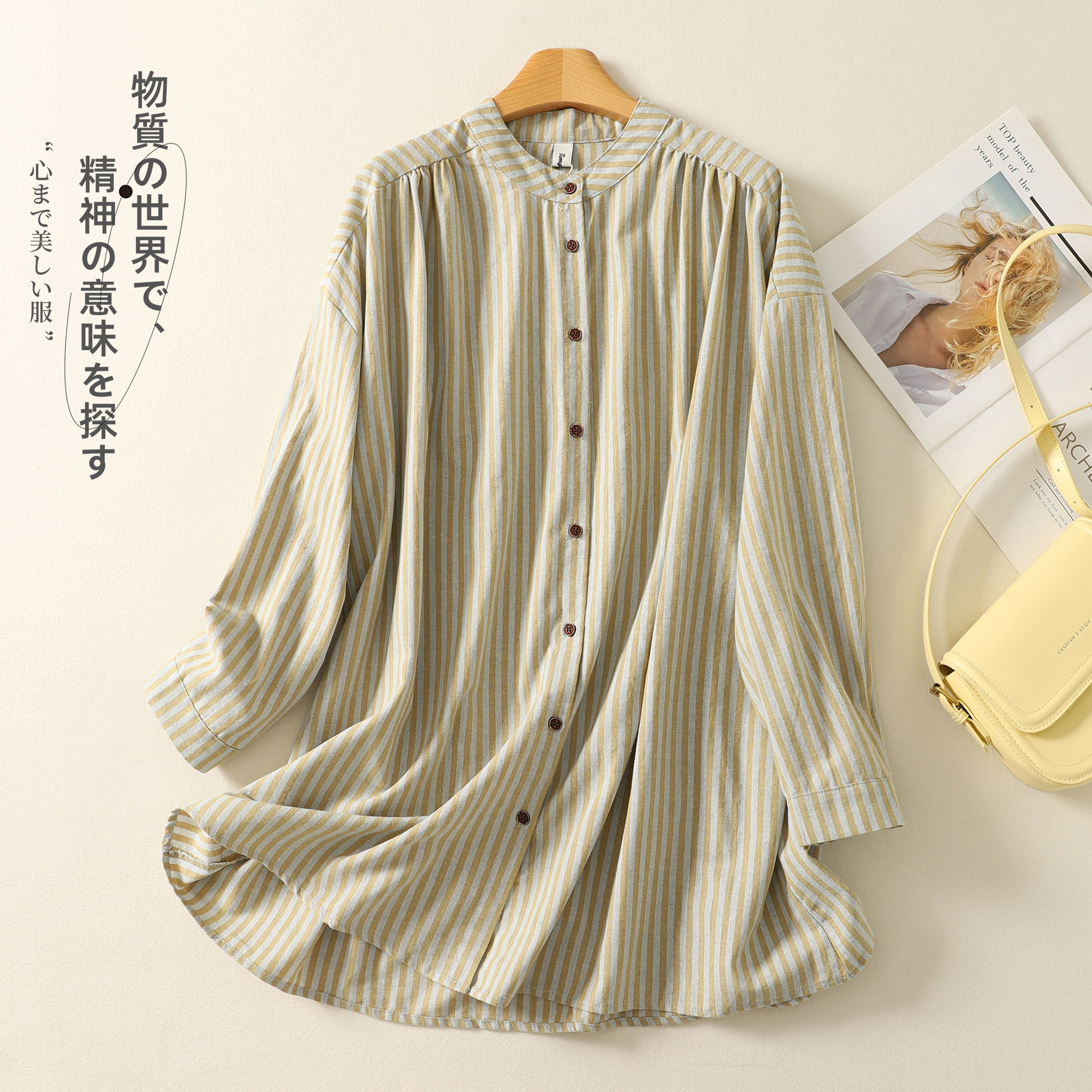 实拍2026春新日系文艺条纹长袖衬衫女设计感宽松显瘦百搭衬衣上衣