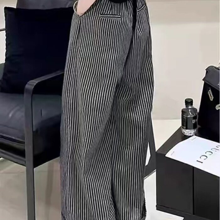 2026黑白条纹薄款裤子女春季小个子慵懒松弛感显瘦休闲阔腿裤