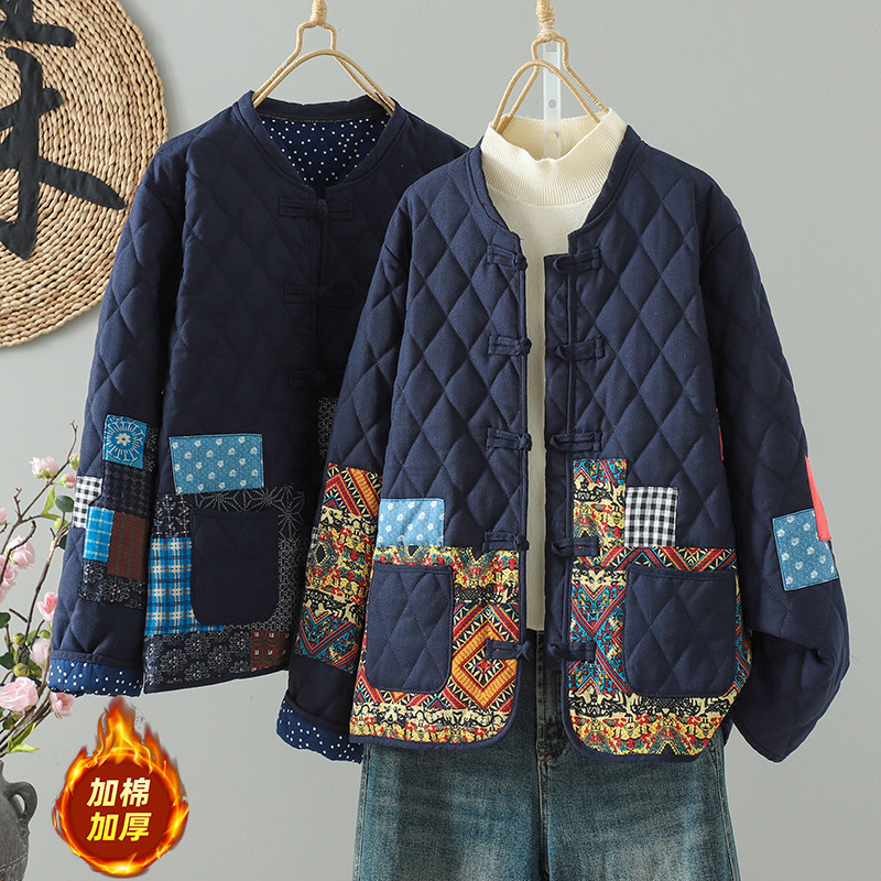 实拍 复古贴布夹棉开衫加厚棉衣女宽松休闲盘扣棉服冬季菱格棉袄
