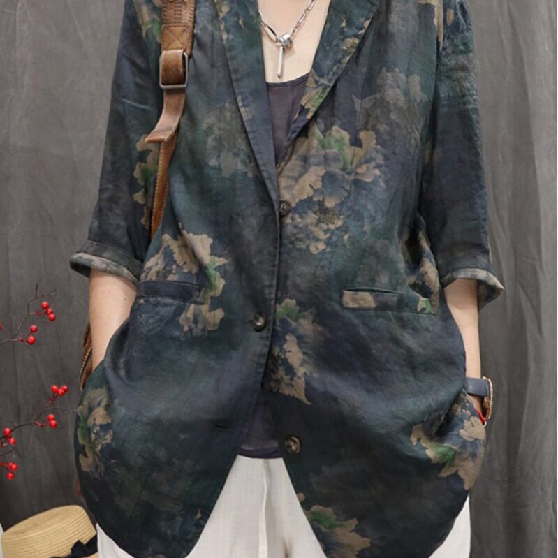 棉麻女装2026夏季新款印花复古宽松个性洋气休闲百搭长袖西服