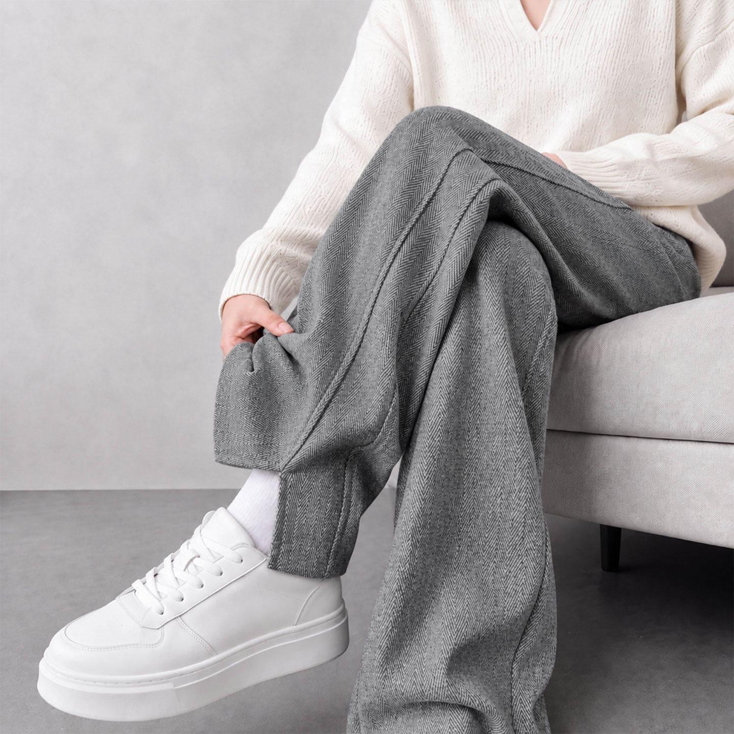 毛呢加绒裤子女2026新款秋冬窄版开叉阔腿裤灰色小个子直筒休闲裤