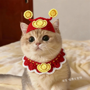 新年财神装扮宠物猫咪围脖帽子套装狗狗围巾配件针织口水巾头套