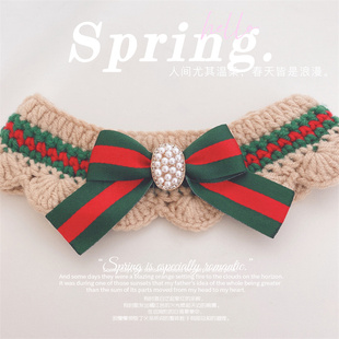 宠物项链经典格子条纹丝带猫咪项圈珍珠红白搭配狗狗女神节口水巾