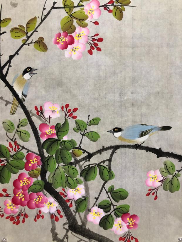 春趣海棠花鸟字画四尺三开纯手绘写意国画客厅办公室书房玄关