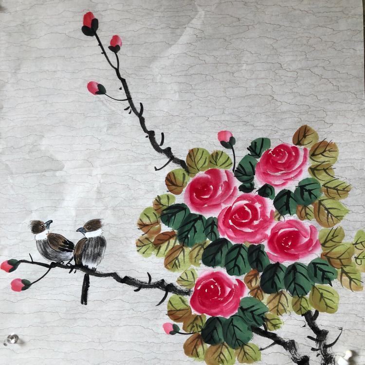 玫瑰花纯手绘三尺斗方写意花鸟国画风水字画客厅玄关餐厅装饰