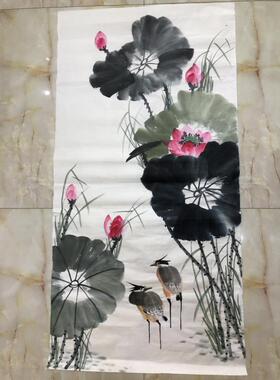 和气生财荷花白鹭手绘写意花鸟国画来财字画客厅玄关卧室装饰