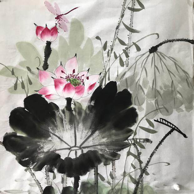 荷花蜻蜓三尺斗方纯手绘和气生财字画写意花鸟国画客厅玄关装饰画