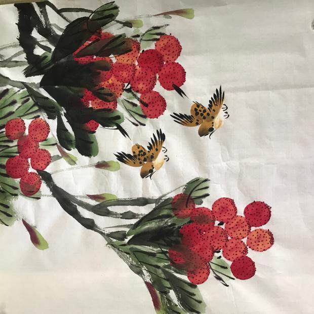 荔枝鸟纯手绘三尺斗方写意花鸟国画字画客厅玄关书房装饰挂画